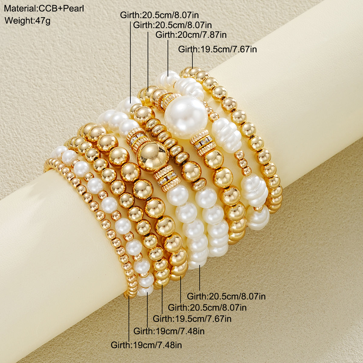 10pc Gold & Pearl Beaded Bracelet Stack