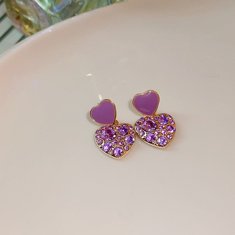 Purple Crystal Heart Drop Earrings