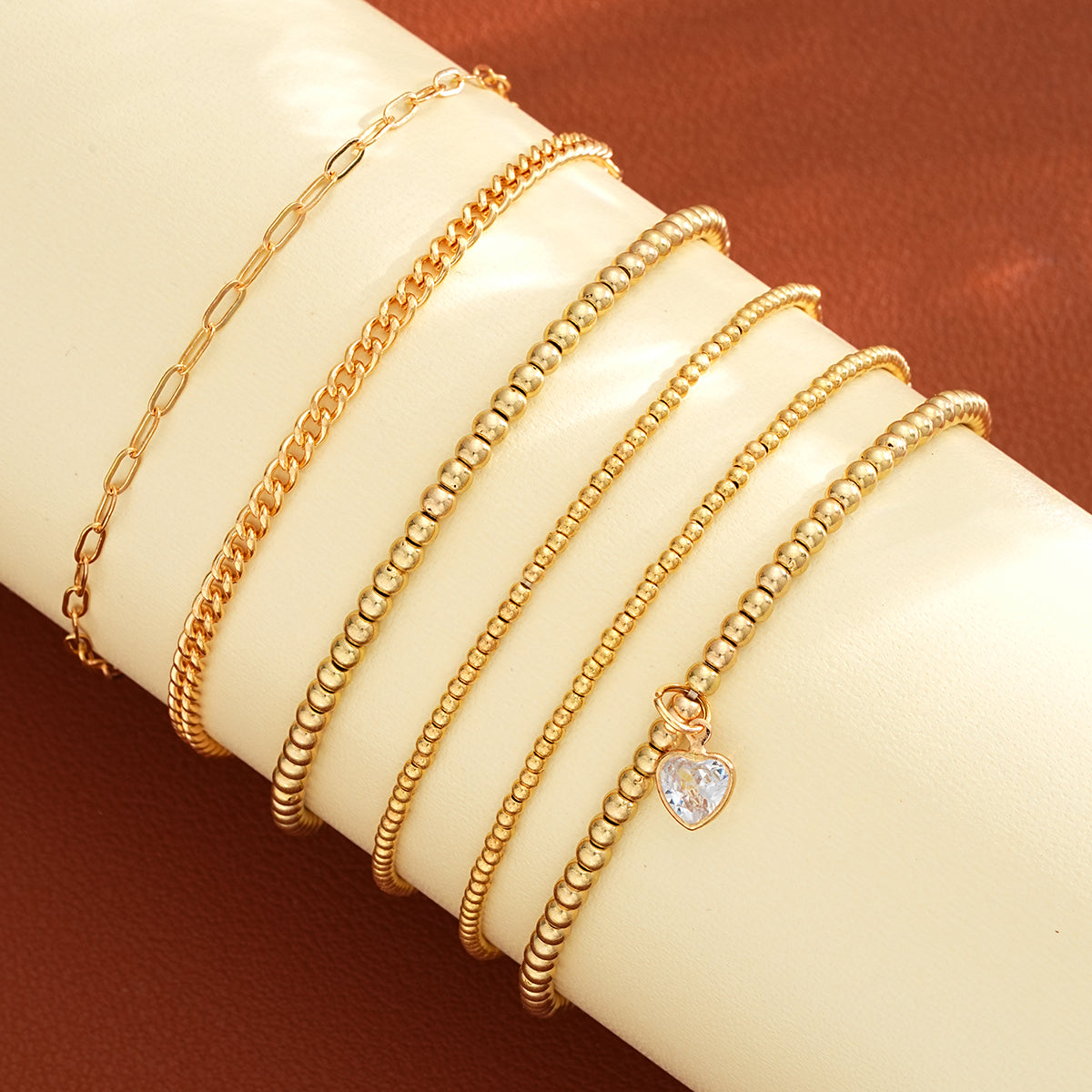 6pc Gold Beaded Charm Bracelet Set