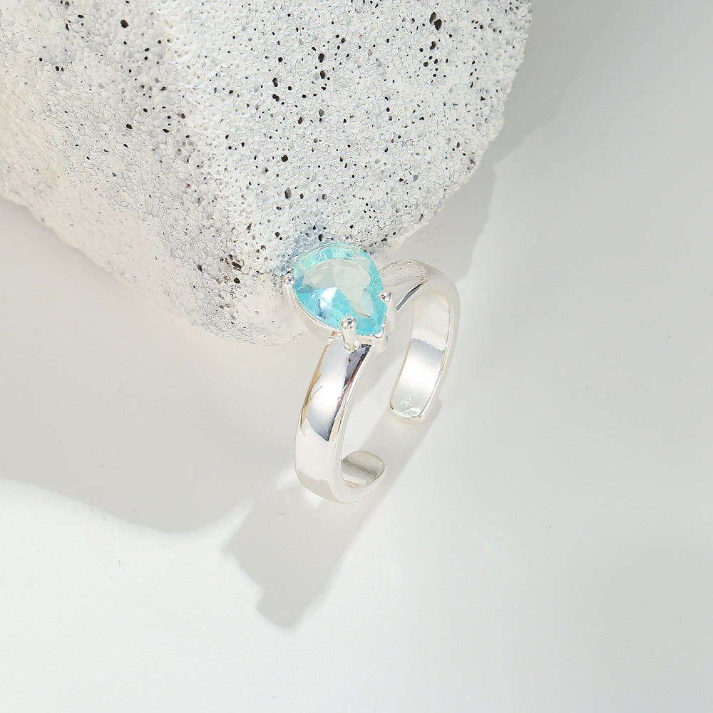 Teardrop Aqua Adjustable Silver Ring