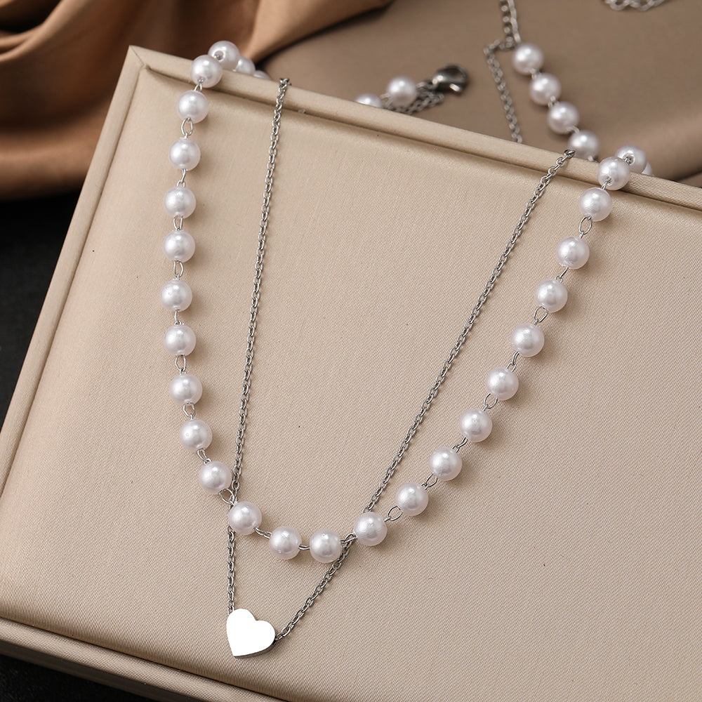 2pc Pearl and Heart Pendant Necklace Set
