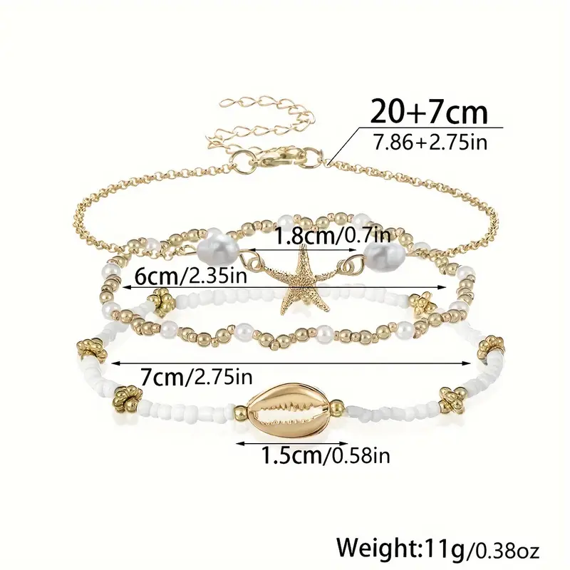 3pc Starfish & Shell Beaded Anklet Set