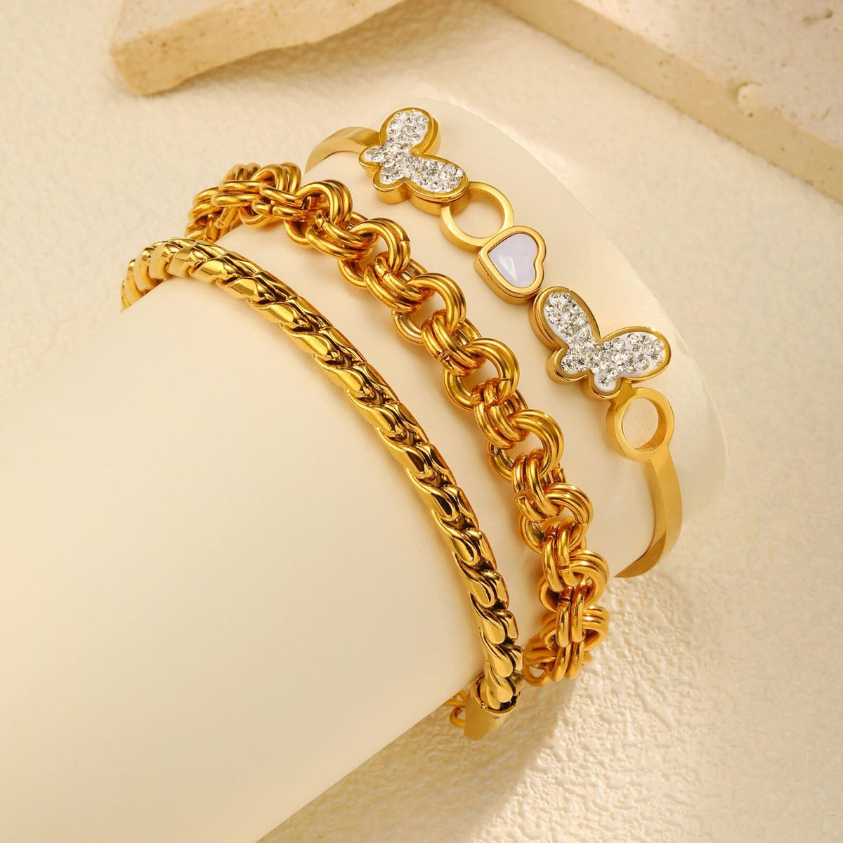 3pc Gold Butterfly & Chain Bracelet Set