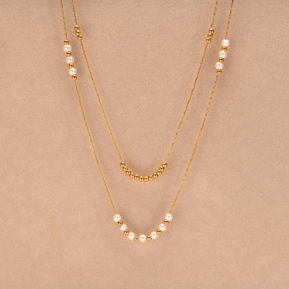 2pc Dainty Pearl and Gold Bead Necklace Set