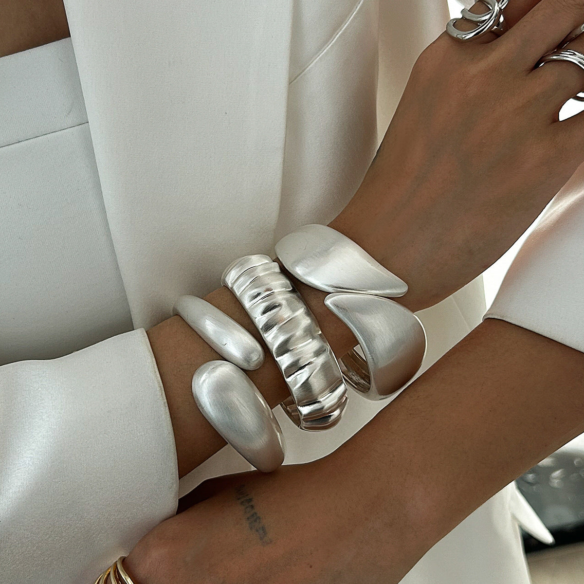 3-Style Matte Silver Geometric Bangle Set