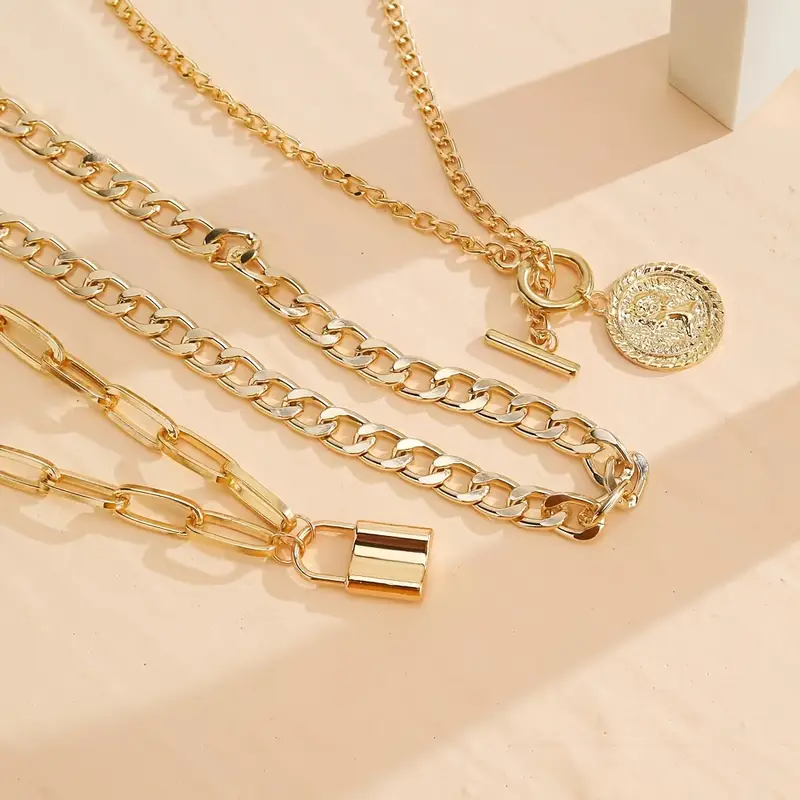 3pc Coin & Lock Pendant Chain Necklace Set