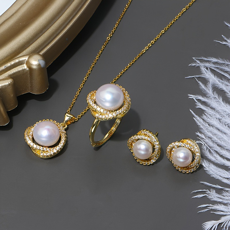 Pearl Geometric Necklace, Earrings & Ring Set