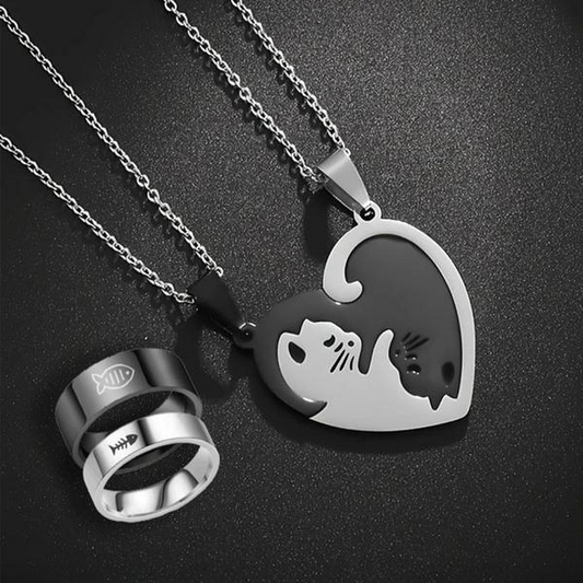 4pc Loving Cat Necklace & Ring Set