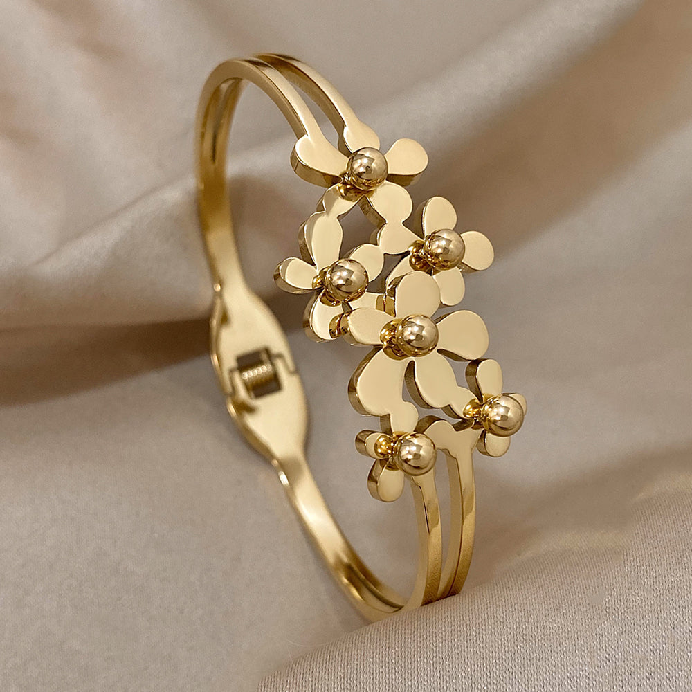 Gold Floral Cluster Bangle Bracelet