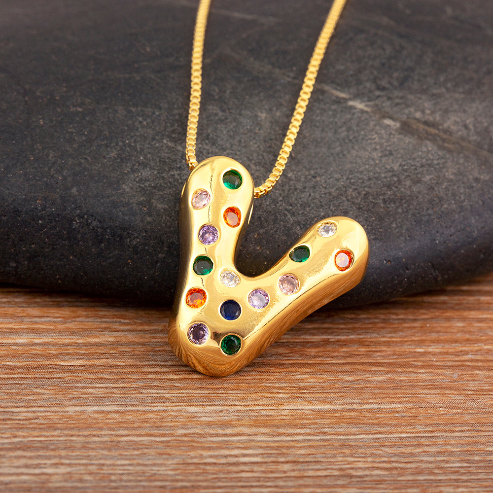 Colorful Gem Bubble Initial Pendant Necklace