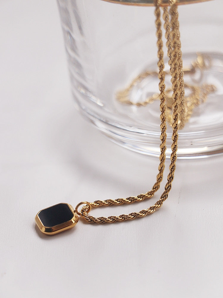 Gold Rope Chain Necklace with Black Square Pendant