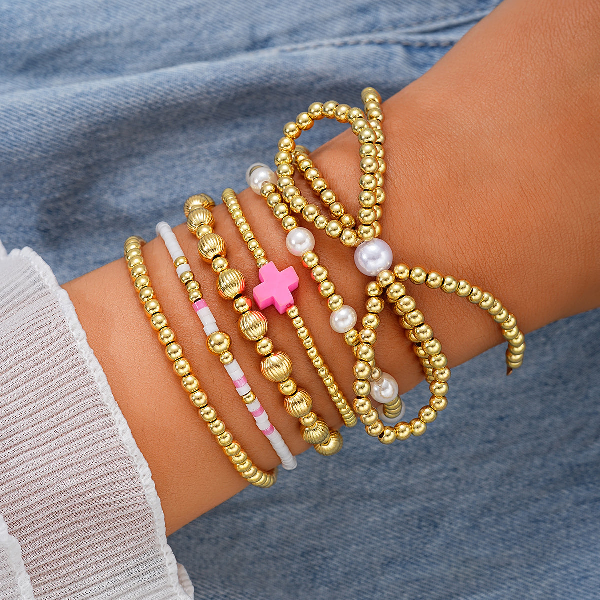 6pc Beaded Pink Cross Bracelet Stack