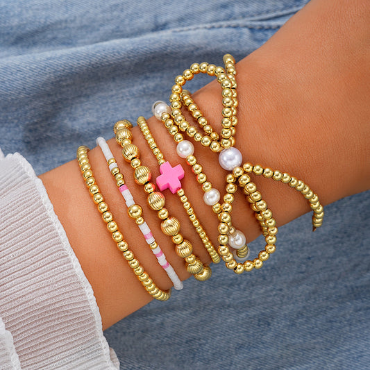6pc Beaded Pink Cross Bracelet Stack