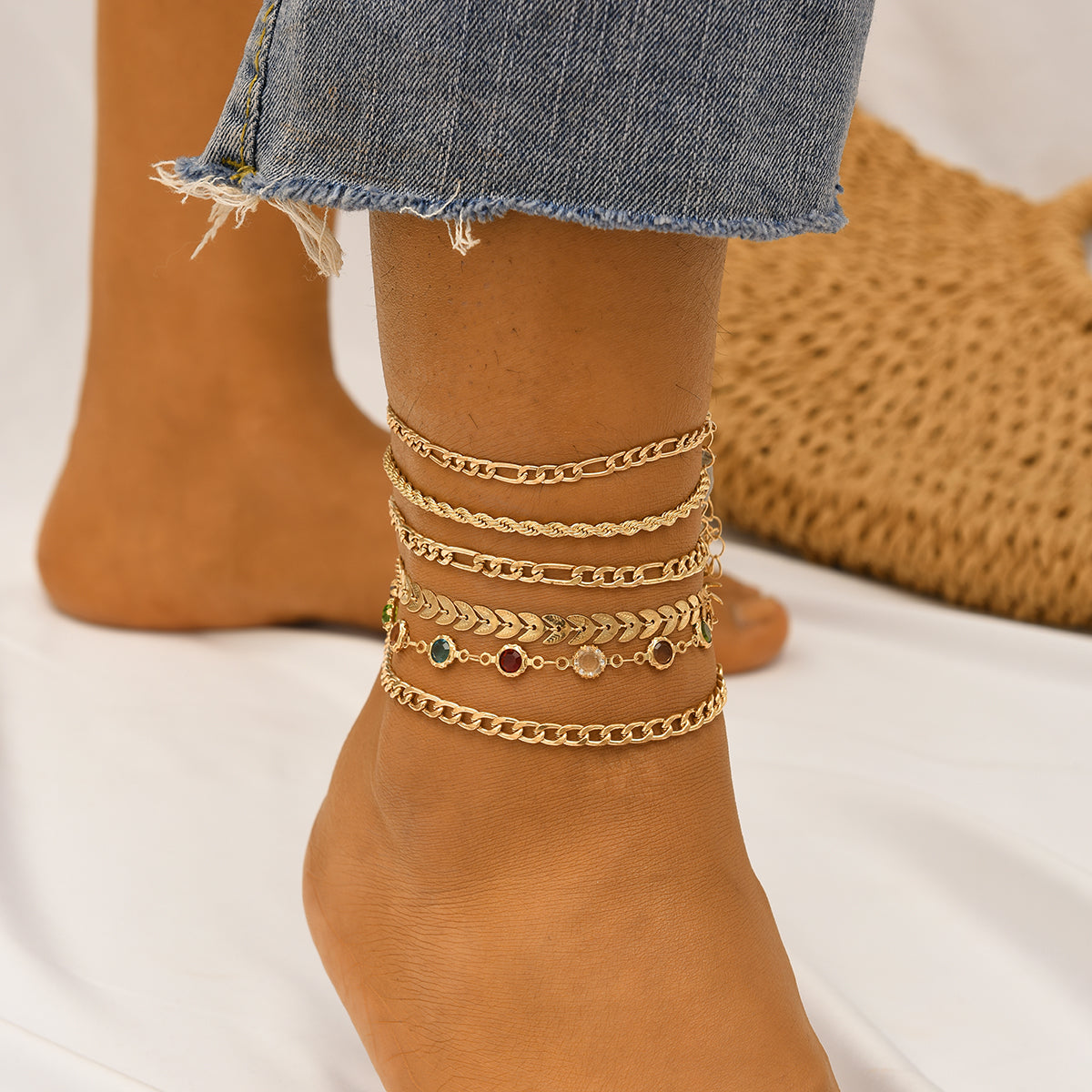 6pc Layered Chain Anklet Set