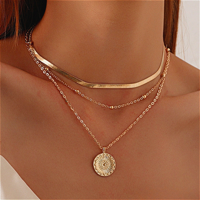 3-Layer Gold Sunflower Pendant Necklace