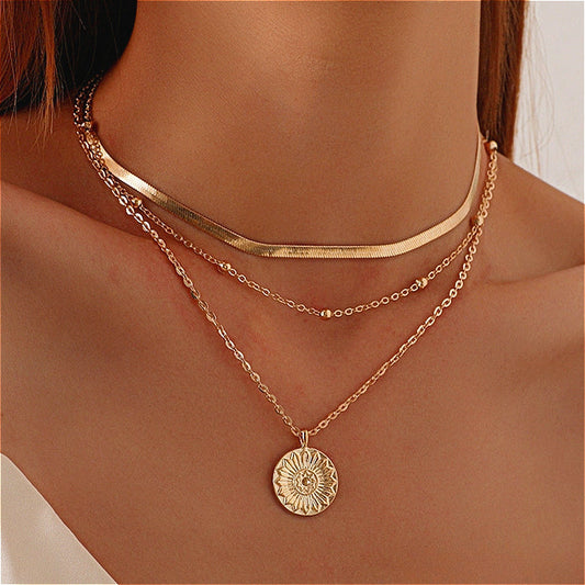3-Layer Gold Sunflower Pendant Necklace