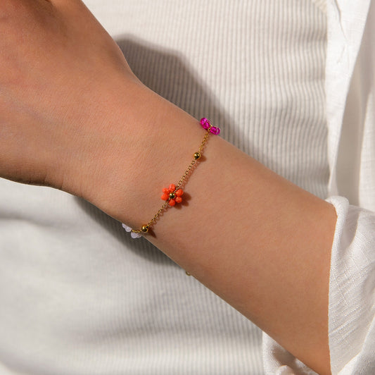 Colorful Beaded Flower Chain Bracelet