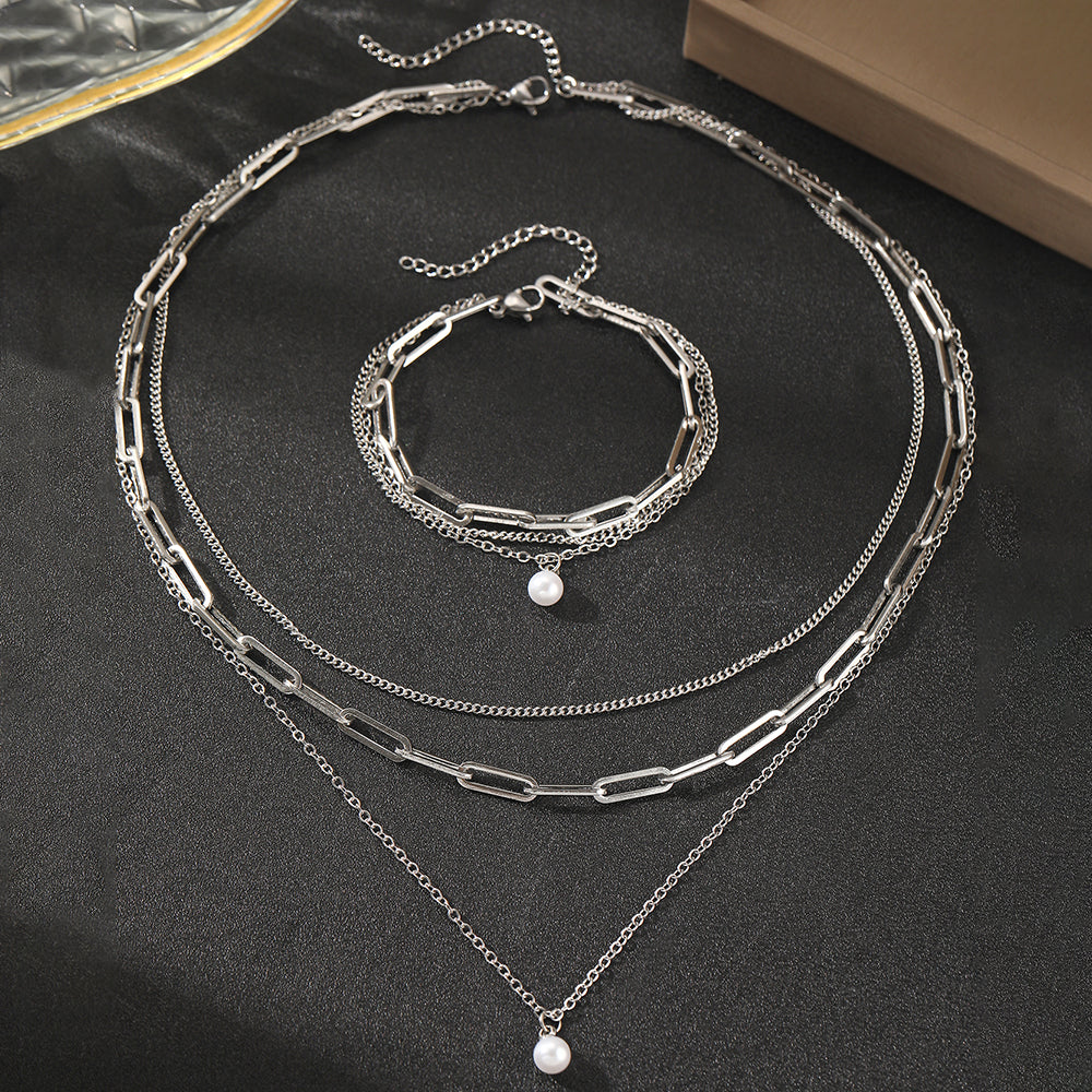 Chunky Link & Pearl Pendant Jewelry Set