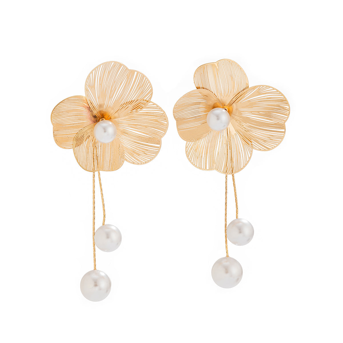 Gold Floral Pearl Drop Earrings