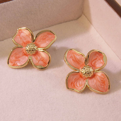 Pink Enamel Flower Stud Earrings