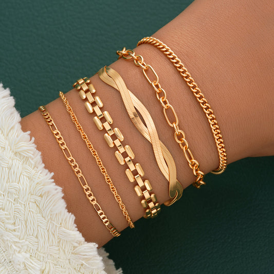 6pc Boho Cuban & Snake Chain Bracelet Set