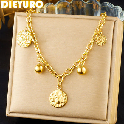 Chunky Gold Chain Necklace with Coin & Bead Charms