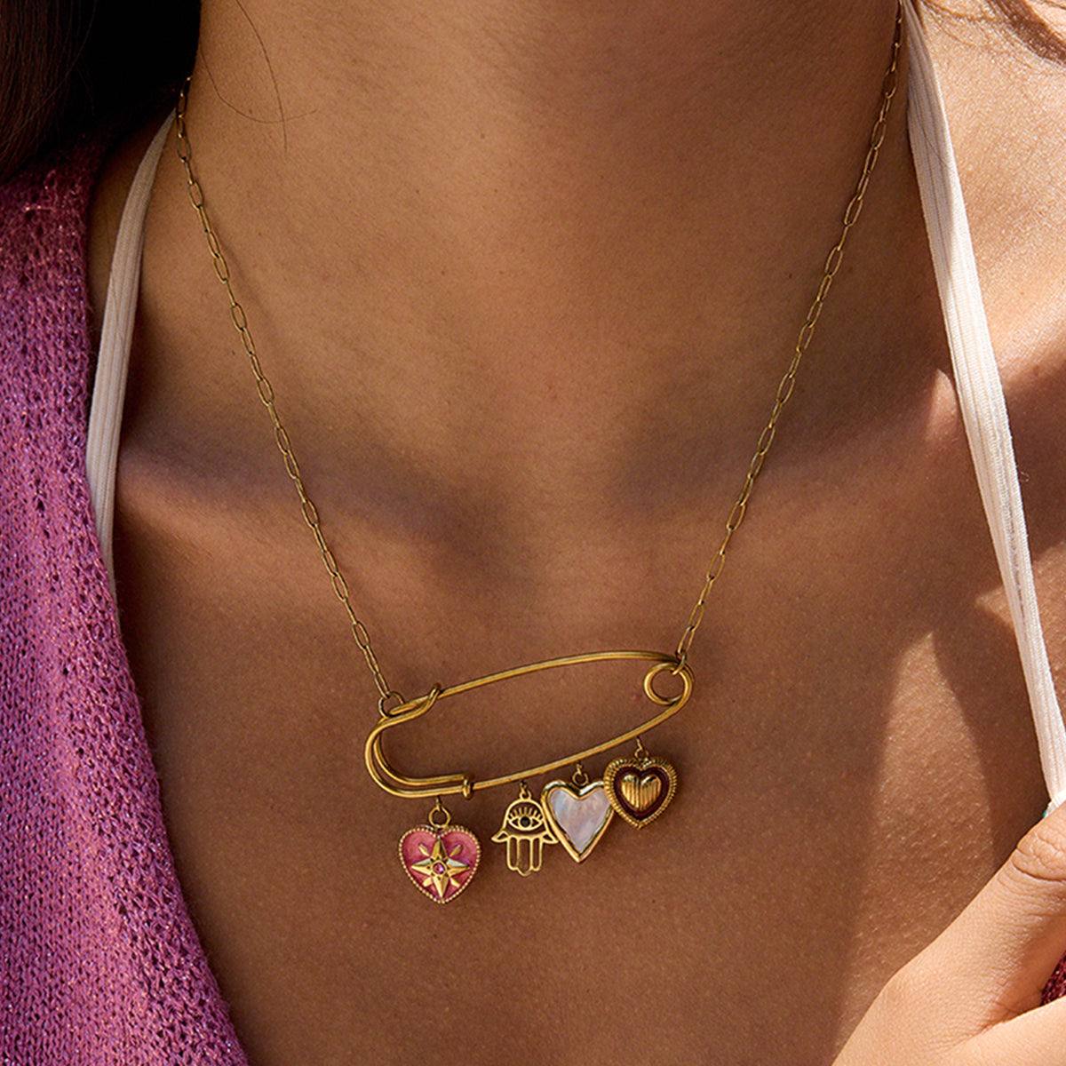 Gold Safety Pin Charm Necklace