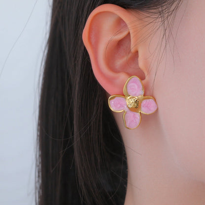 Pink Enamel Flower Stud Earrings