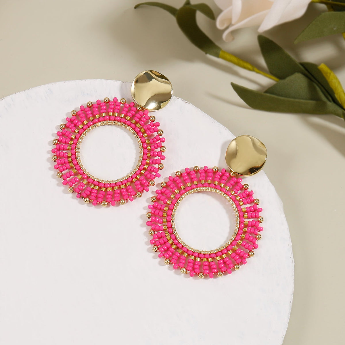 Orange Beaded Circle Drop Earrings