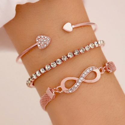3pc Crystal Heart & Infinity Bracelet Set