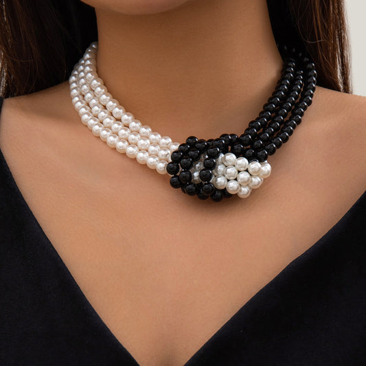 White & Black Pearl Knot Choker Necklace