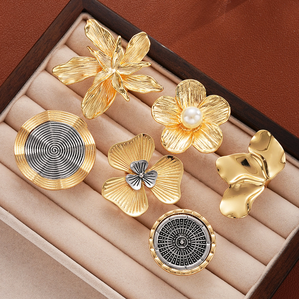 6pc Oversized Floral & Abstract Ring Set
