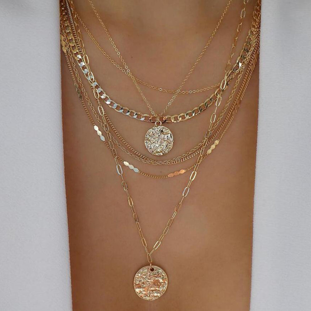 Multi-Layer Gold Coin Medallion Necklace Set