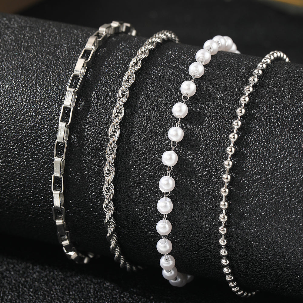 4pc Gold & Pearl Chain Bracelet Set