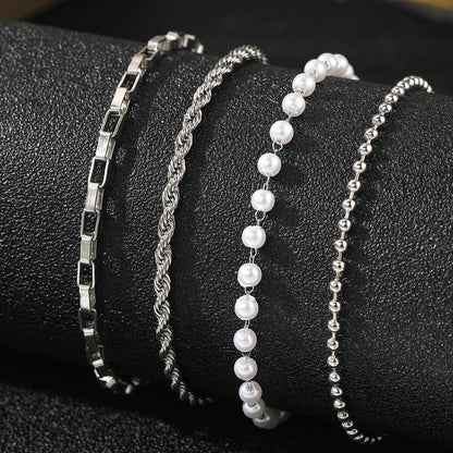 4pc Gold & Pearl Chain Bracelet Set