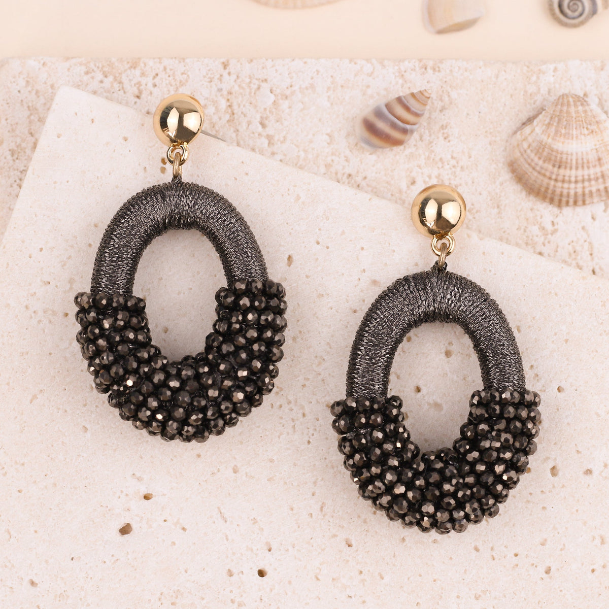 Beaded Gold Cluster Stud Earrings