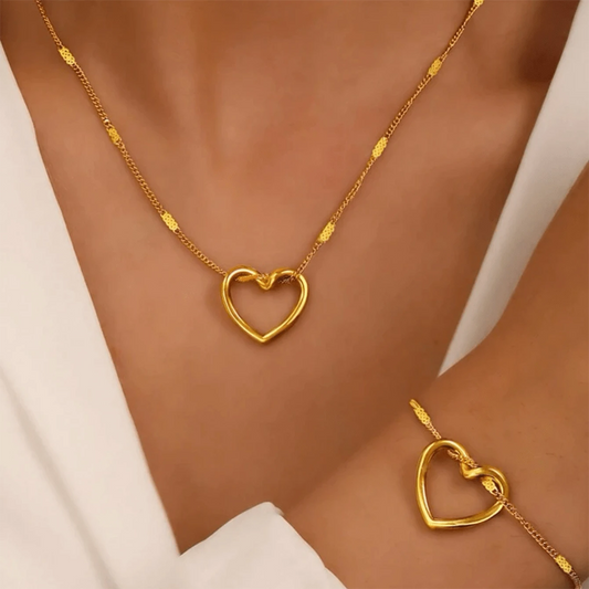Heart Charm Necklace & Bracelet Set