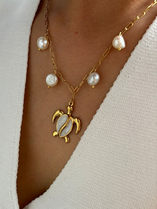 Turtle Pendant Pearl Charm Necklace