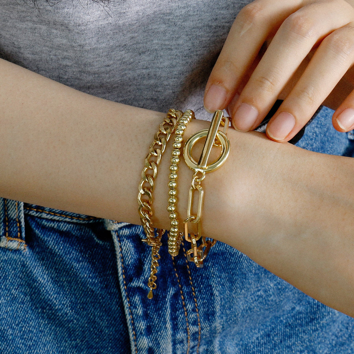 3pc Gold Chain & Toggle Bracelet Set