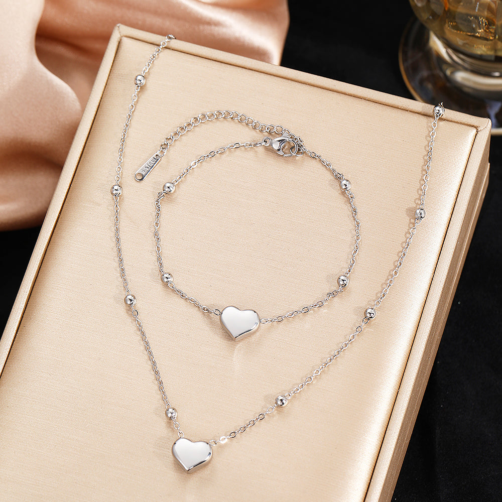 2pc Gold Heart Pendant Necklace & Bracelet Set