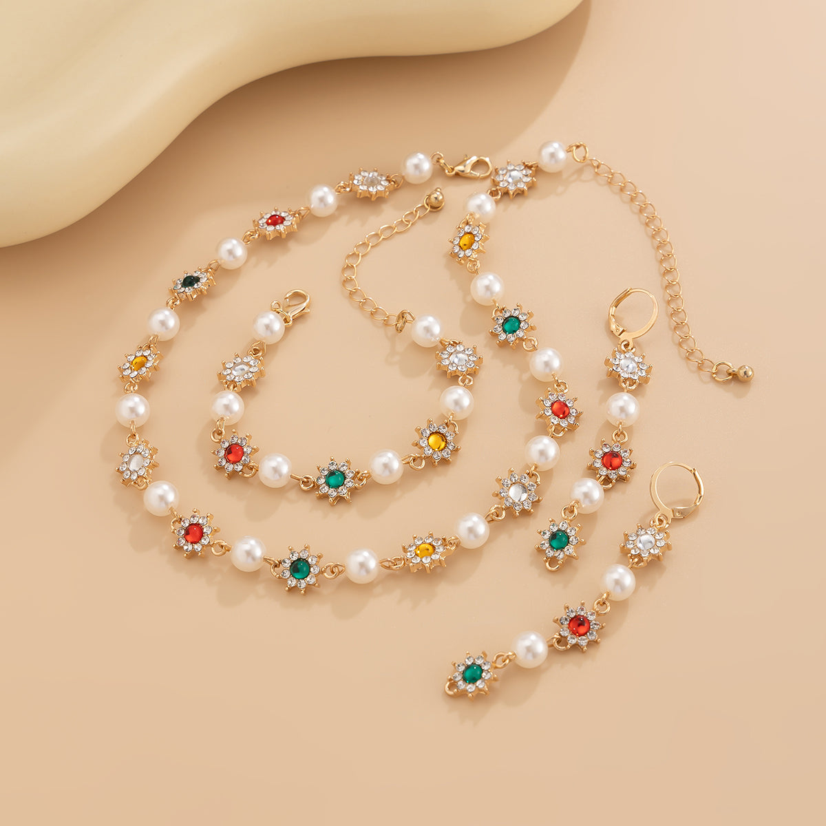 Colorful Rhinestone & Pearl Jewelry Set