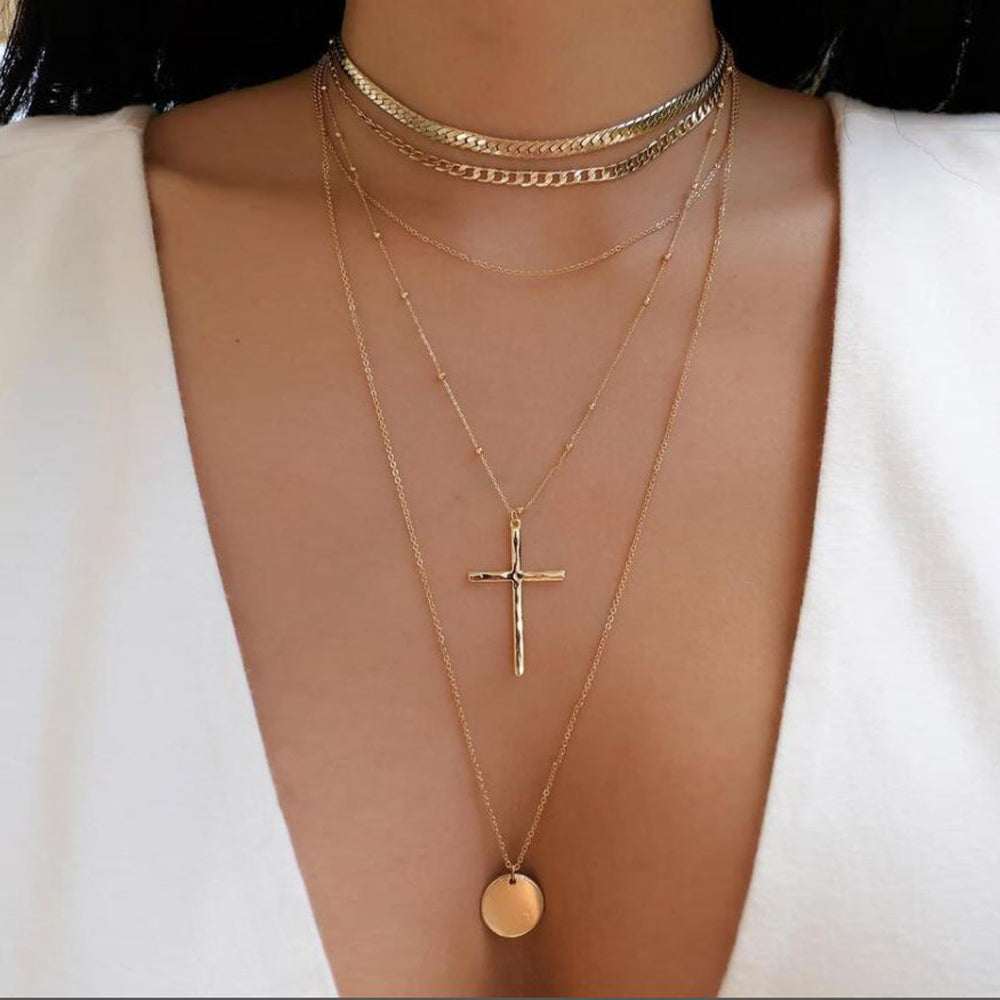 Layered Gold Cross Pendant Necklace