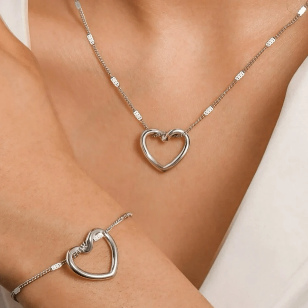 Heart Charm Necklace & Bracelet Set