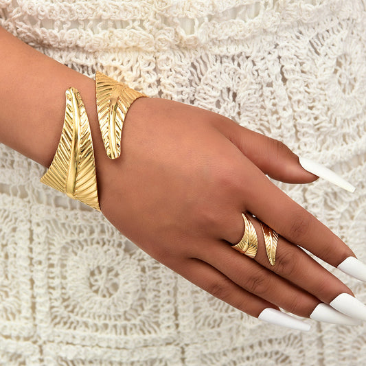2pc Leaf & Cross Bracelet Ring Set