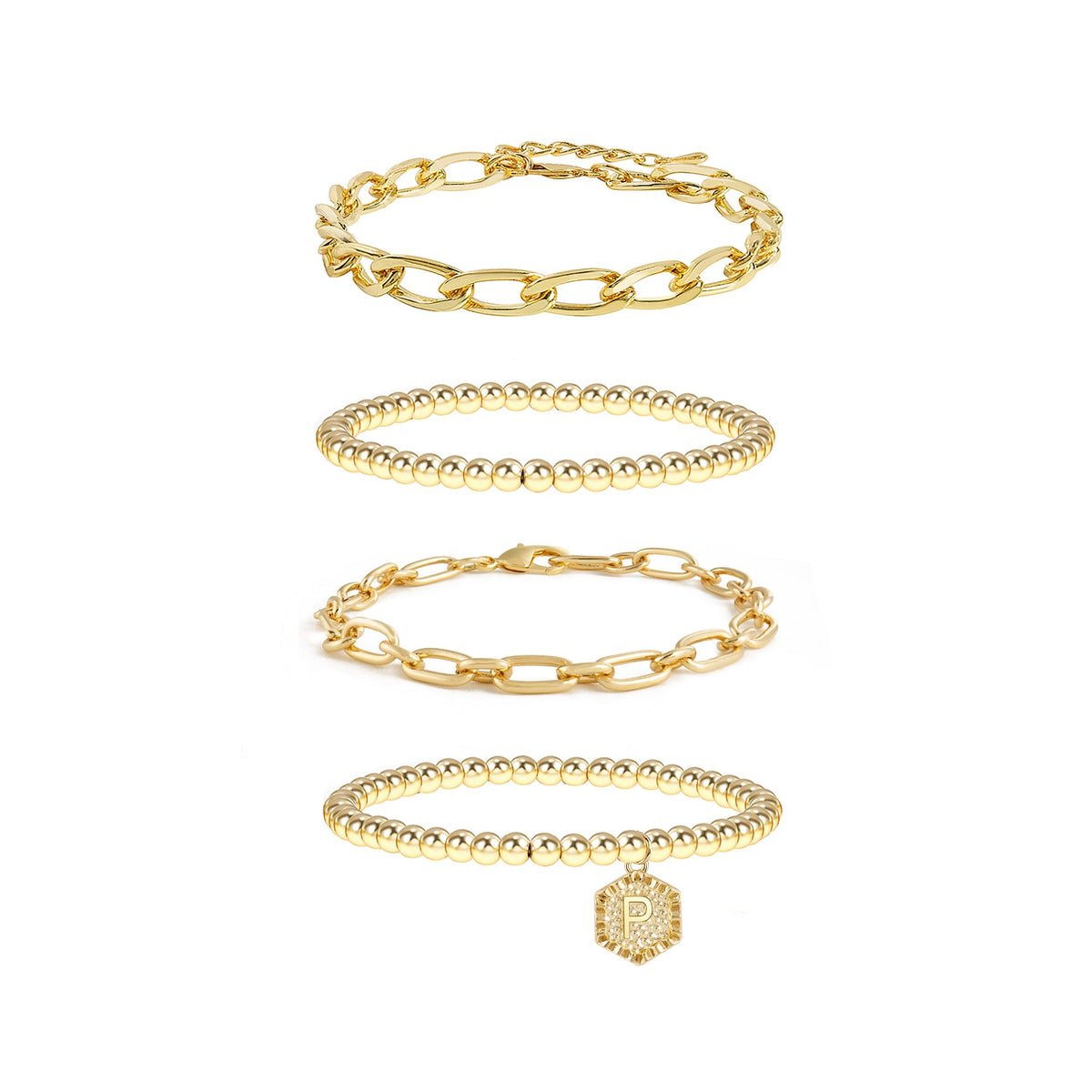5pc Gold Beaded Chain Bracelet Set with Initial Charm
