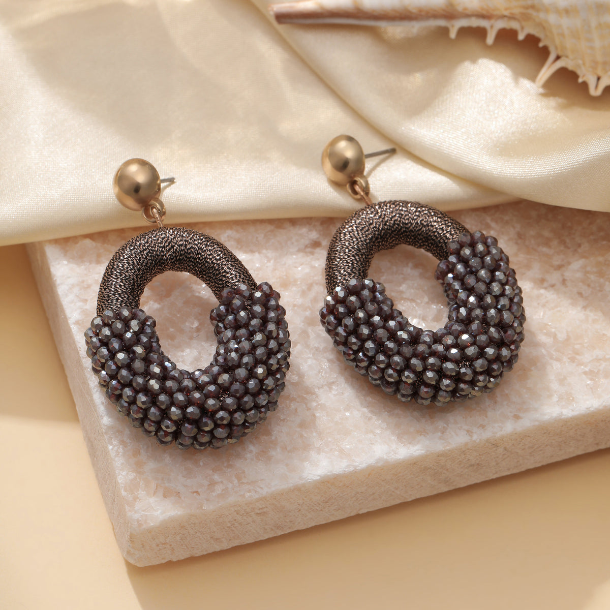 Beaded Gold Cluster Stud Earrings