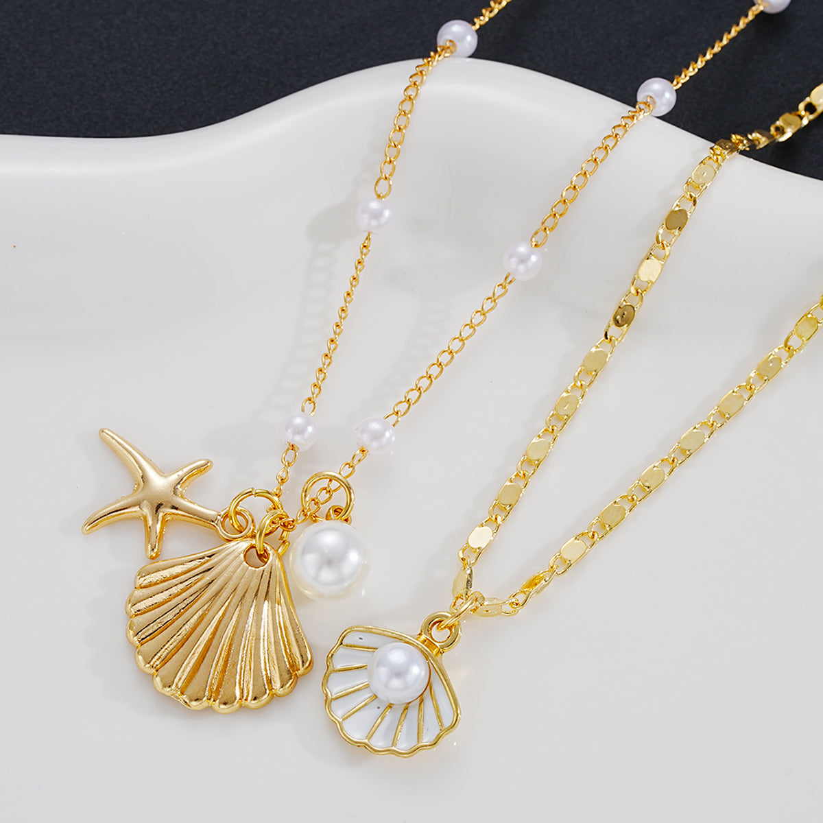 Layered Pearl Seashell Charm Necklace