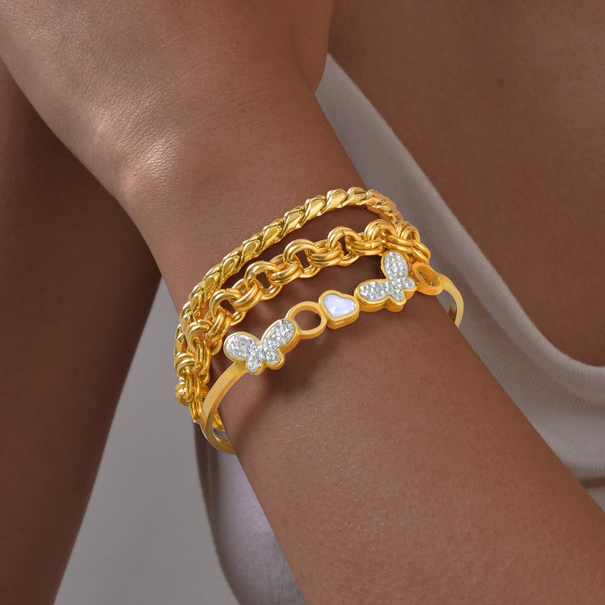 3pc Gold Butterfly & Chain Bracelet Set
