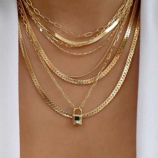 Multi-Layer Gold Chain Lock Necklace Set