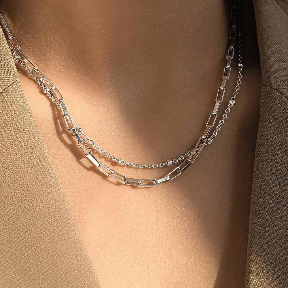 2pc Paperclip and Bead Chain Necklace Set